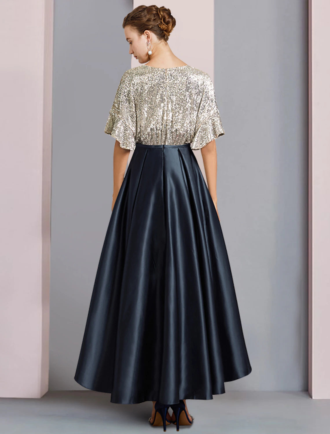 Wholesale  A-Line Mother of the Bride Dress Wedding Guest Elegant Sparkle & Shine High Low V Neck Asymmetrical Tea Length Satin Sequined Short Sleeve with Pleats